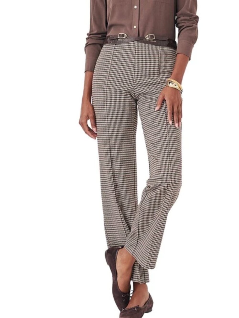 J. McLaughlin Calder Houndstooth 16 Pants Cream Brown Black Pintuck Side Zip NWT